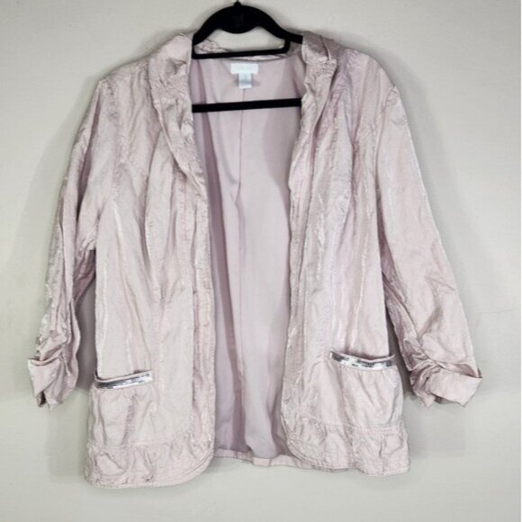 Chico's Pink Metallic Blazer Rhinestones Embellished Pocket Ruched Sleeve Sz 3 - Picture 1 of 6